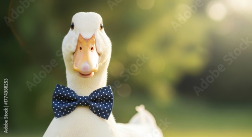 Charming portrait of a white duck wearing a polka dot bow tie with bright sunlight