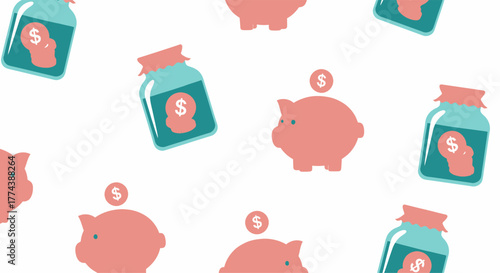 Piggy Banks and Money Jars Seamless Pattern.
