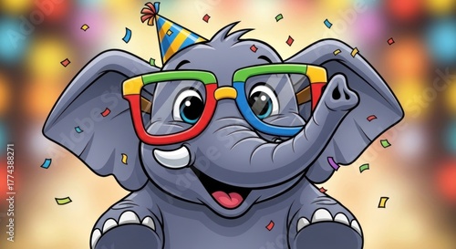 Cheerful elephant cartoon character wearing party hat and funny glasses surrounded by confetti