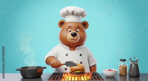 Chef bear cooking delicious burger on the grill with flames of fire animation with soft light blue
