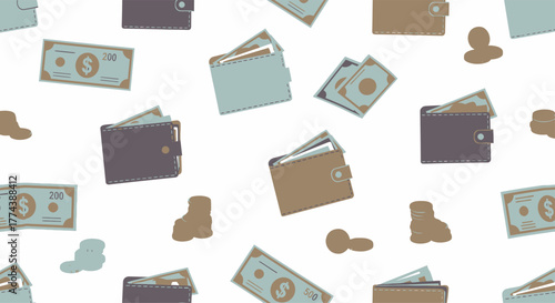 Seamless pattern illustration of wallets cash and coins.