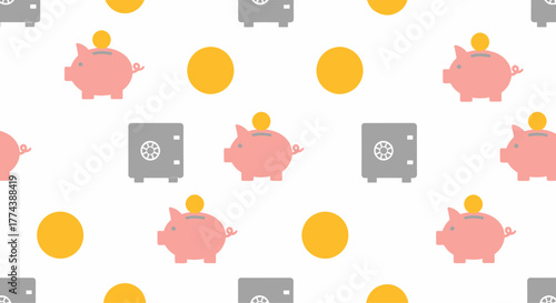 Seamless Pattern of Piggy Banks, Coins, and Safes on White Background.