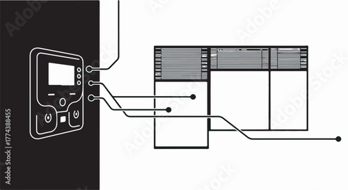Modern digital control panel connected to multiple data servers for system management