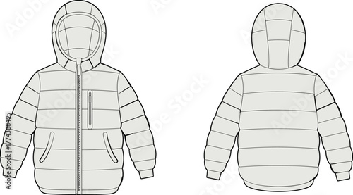 Technical winter jacket sketch, front and back view, hooded padded coat, zippered chest pocket, flap hand pockets, quilted design, vector drawing, outerwear illustration