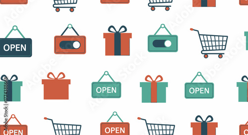 Shopping and gifting pattern featuring gift boxes and open signs for retail.