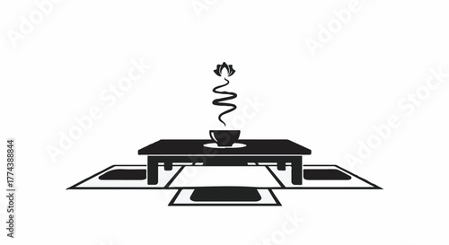 A serene tea ceremony set with a steaming cup on a low table and cushions