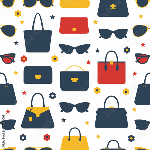 Stylish seamless pattern of colorful womens handbags and sunglasses.