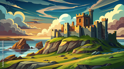 Realistic detailed vector of a Scottish highland castle surrounded by green valleys, misty morning light, stone walls with moss, dramatic cloudy sky, peaceful and historical atmosphere