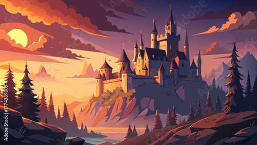 Realistic vector of a gothic castle at sunset, glowing lanterns on tall stone towers, surrounding forest with mist, warm orange sky, ancient medieval architecture, magical and nostalgic feeling