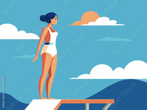 Cloud Diver Woman in White Swimsuit Standing on Diving Board Under Cloudy Sky Vector art
