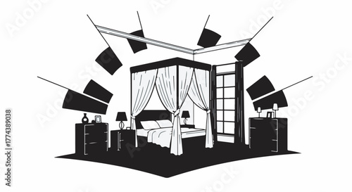 Dramatic lighting setup illuminates a luxurious bedroom with a canopy bed.