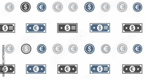 Collection of currency symbols and banknotes representing financial transactions.