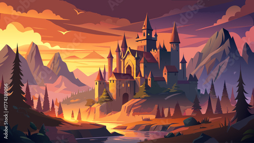Realistic vector of a gothic castle at sunset, glowing lanterns on tall stone towers, surrounding forest with mist, warm orange sky, ancient medieval architecture, magical and nostalgic feeling