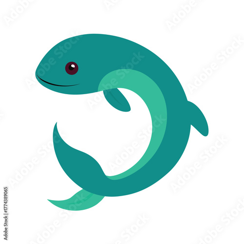 Whimsical teal whale or dolphin with a curved body on white Keywords: whale, dolphin, cartoon