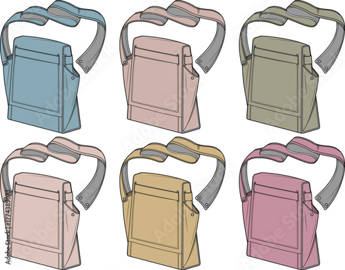 Set of six stylish messenger bags in various pastel colors, perfect for everyday use and fashion