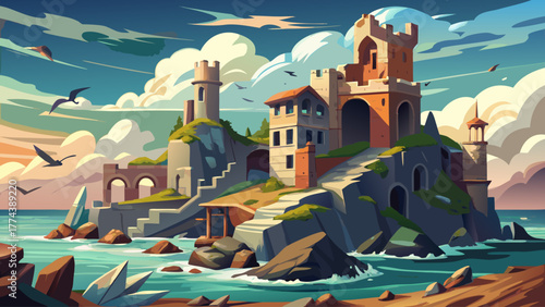 Highly detailed vector of a ruined castle by the seaside cliffs, crashing ocean waves, cloudy sky, seagulls flying, ancient architecture with broken towers, mysterious nostalgic atmosphere