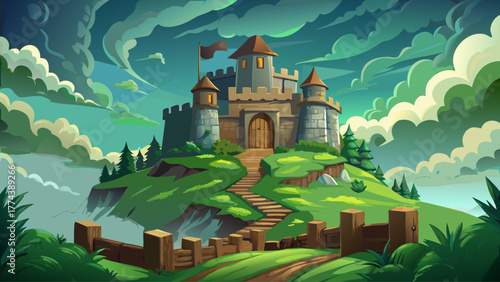 Realistic detailed vector of an ancient stone castle on a green hilltop surrounded by mist, cloudy dramatic sky, moss-covered walls, old wooden gate, calm nostalgic medieval atmosphere