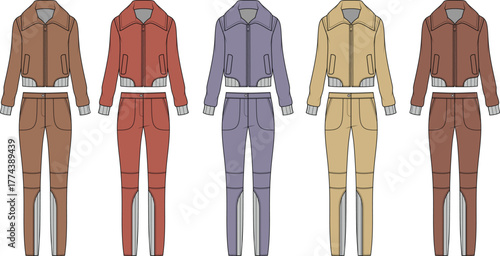 Vector collection of women's stylish two-piece tracksuit outfits in multiple color variations, a concept for modern athleisure and sportswear fashion design