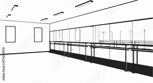 Empty modern art gallery space with blank frames on the wall and long display counter