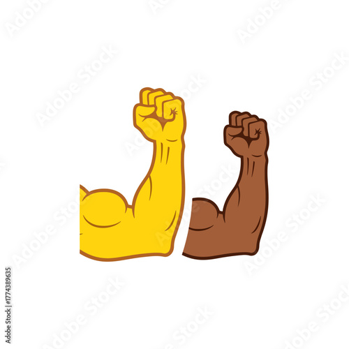 Two muscular arms, different skin colors, flexing biceps with fists, symbolizing strength, unity, and diversity.