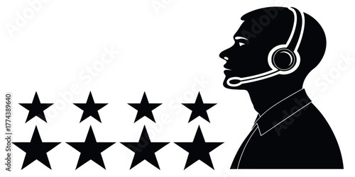 Exceptional customer service with five star rating, showcasing dedication to satisfaction and positive feedback, modern assistance with headset icon