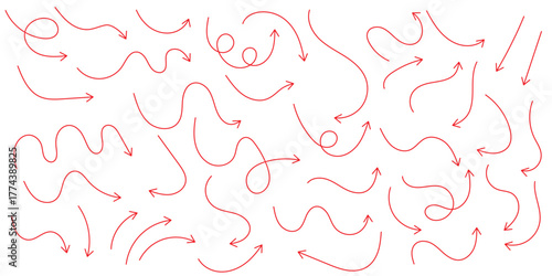 Squiggly arrows doodle set. Curve and Spiral comic symbols in sketch style. Hand drawn vector illustration isolated on white background