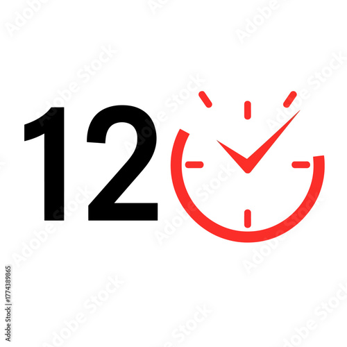 Number twelve, a red clock icon with a checkmark, symbolizing timely completion, punctuality, and efficiency concept