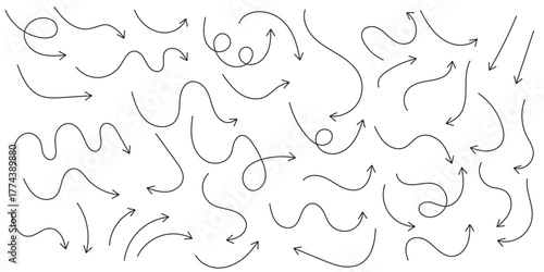 Squiggly arrows doodle set. Curve and Spiral comic symbols in sketch style. Hand drawn vector illustration isolated on white background