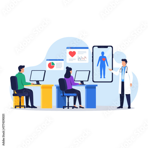 Doctors and support staff leverage technology for healthcare data analysis, digital patient information management.