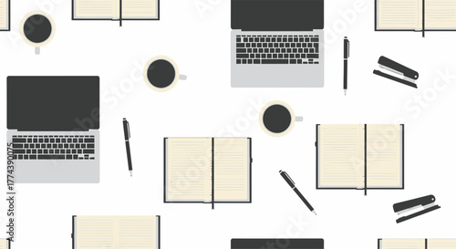 Seamless pattern of laptops, notebooks, pens, and coffee cups on a white background.