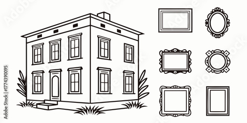 Set of house icons featuring vintage wooden frames for a blank photo or art illustration with antique architecture and a decorative wood border
