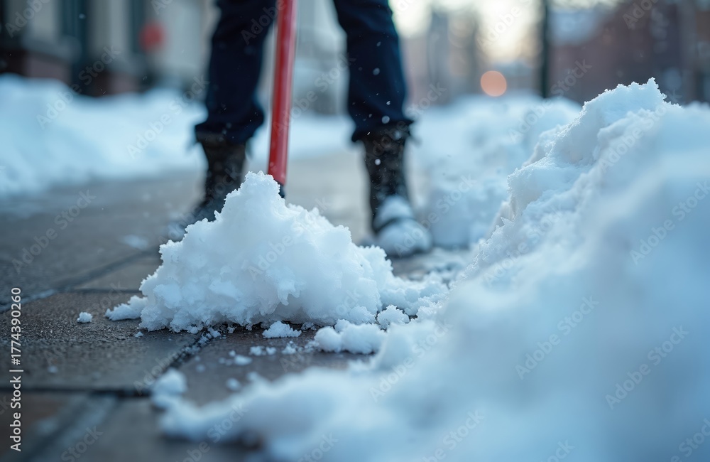 Naklejka premium Person uses shovel to clear snow from paved path. Winter chore involves moving white accumulation from walkway. Cold weather work keeps areas clear for walking.