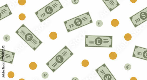 Seamless pattern of various currency bills and coins scattered across a white background.