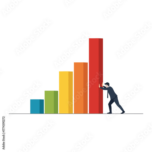 Businessman actively pushing a red bar in an upward trending chart, symbolizing business growth and effort