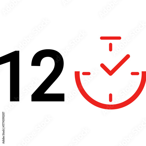 Number 12 with red checkmark clock icon, representing completion, scheduled task, and confirmation