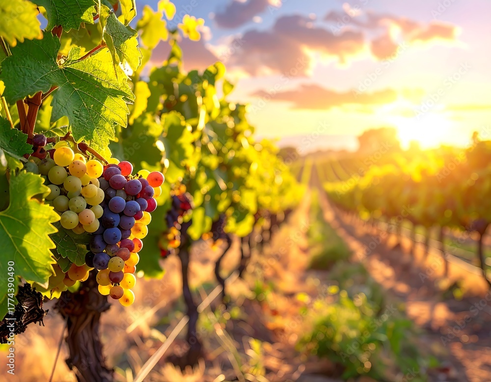 Naklejka premium A vibrant vineyard at sunset, with rows of grapevines and golden light illuminating the grapes