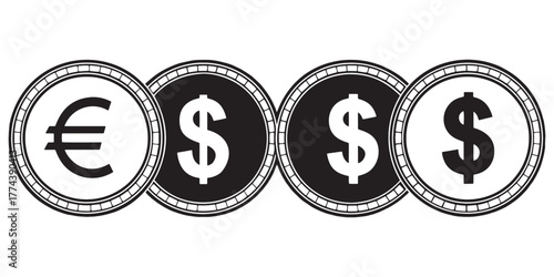 Euro and dollar coins symbolise global finance and money exchange offering a clean and modern visual for financial illustrations, investments, and wealth