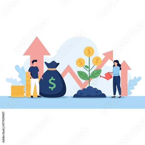 Financial growth investment concept, people cultivating money plant, business success, wealth accumulation