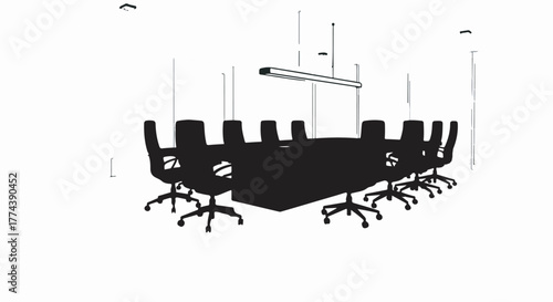 Modern conference room with sleek table and chairs, ready for business meetings and discussions.