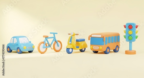 Charming collection of 3D rendered toy vehicles including a car, bicycle, scooter, and bus, with a traffic light, representing urban transportation