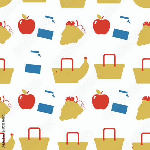 Seamless pattern of grocery items and shopping baskets.