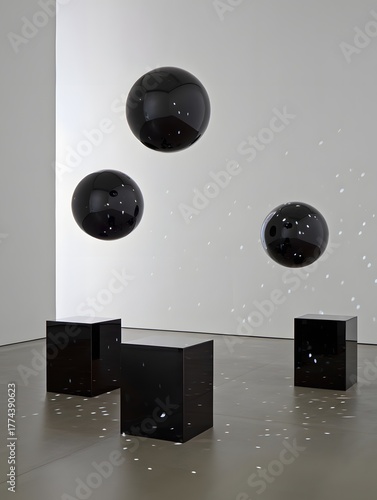 Black spheres and cubes in gallery with light reflecting off the surface of objects