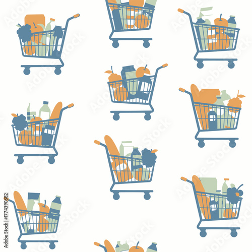 Seamless pattern of shopping carts filled with groceries on a white background.
