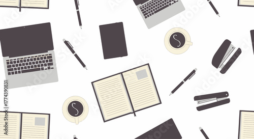 Top view of a modern office desk with laptops notebooks pens and coffee cups.