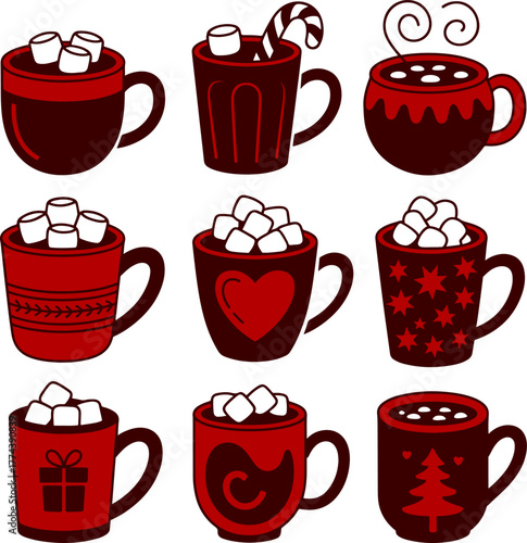 Hot cocoa mugs topped with marshmallows, black red white vector illustration. Set of 9 icons with festive holiday beverage. Seasonal warm drink, Christmas coffee. Cozy winter drinks clipart
