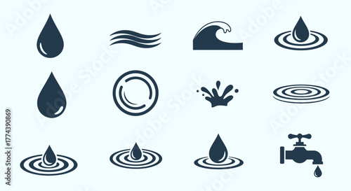 Collection of water-related icons, including droplets, waves, ripples, and a faucet.
