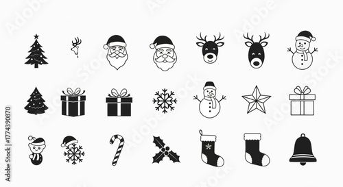 A collection of black and white Christmas holiday icons including Santa, reindeer, snowmen, trees, gifts, and festive decorations.