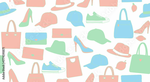 Fashion accessories collection, hats, shoes, bags, purses, and sneakers.