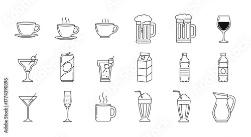 Line art illustration of various drinks, including coffee, beer, juice, and cocktails.