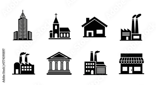 A collection of eight black silhouette icons representing various types of buildings on a white background.